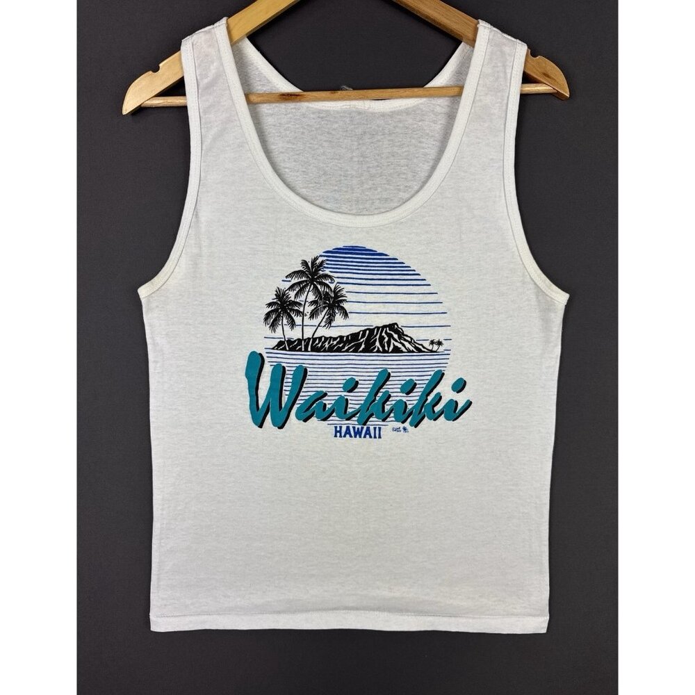 Vintage 1988 Waikiki Beach Hawaii White Tank Top Fits Small Nature Earth Art